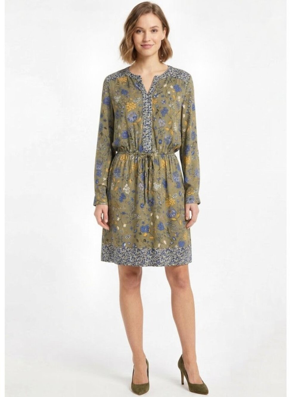 DR2 Mixed Floral Print Dress Green Blue Boho Drawstring Waist, Womens Size Small